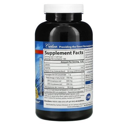 Омега 3 та вітамін Д3 + К Carlson Labs Omega-3 Plus D & K натуральний смак лимона, 180 м'яких таблеток
