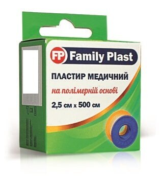 Пластир медичний «FP Family Plast» на полімерній основі в котушці з підвісом 2,5 см х 500 см, 1 штука