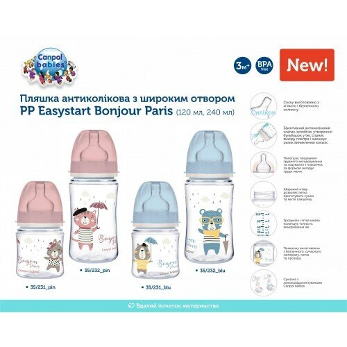 Пляшечка Canpol Babies Easystart Bonjour Paris 35/232_pin антиколікова з широким отвором, рожева, 240 мл
