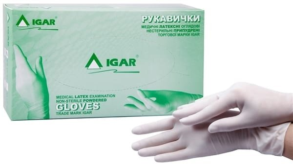 Рукавички оглядові IGAR латексні з пудрою нестерильні, розмір L, пара