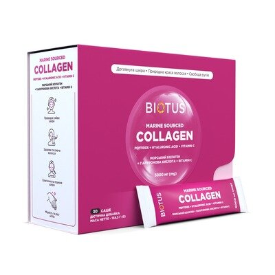 Морський колаген Biotus Marine Sourced Collagen Peptid+Hyaluronic Acid з гіалуроновою кислотою і вітаміном С порошок 5000 мг №30 в саше