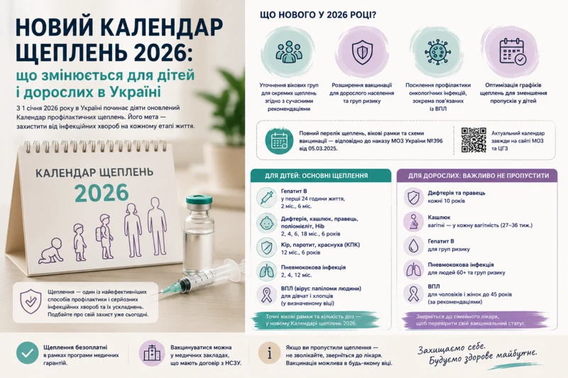 Новий календар щеплень в Україні 2026: що змінюється для дітей і дорослих