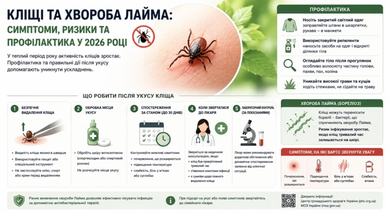 Кліщі та хвороба Лайма: симптоми, ризики та профілактика у 2026 році