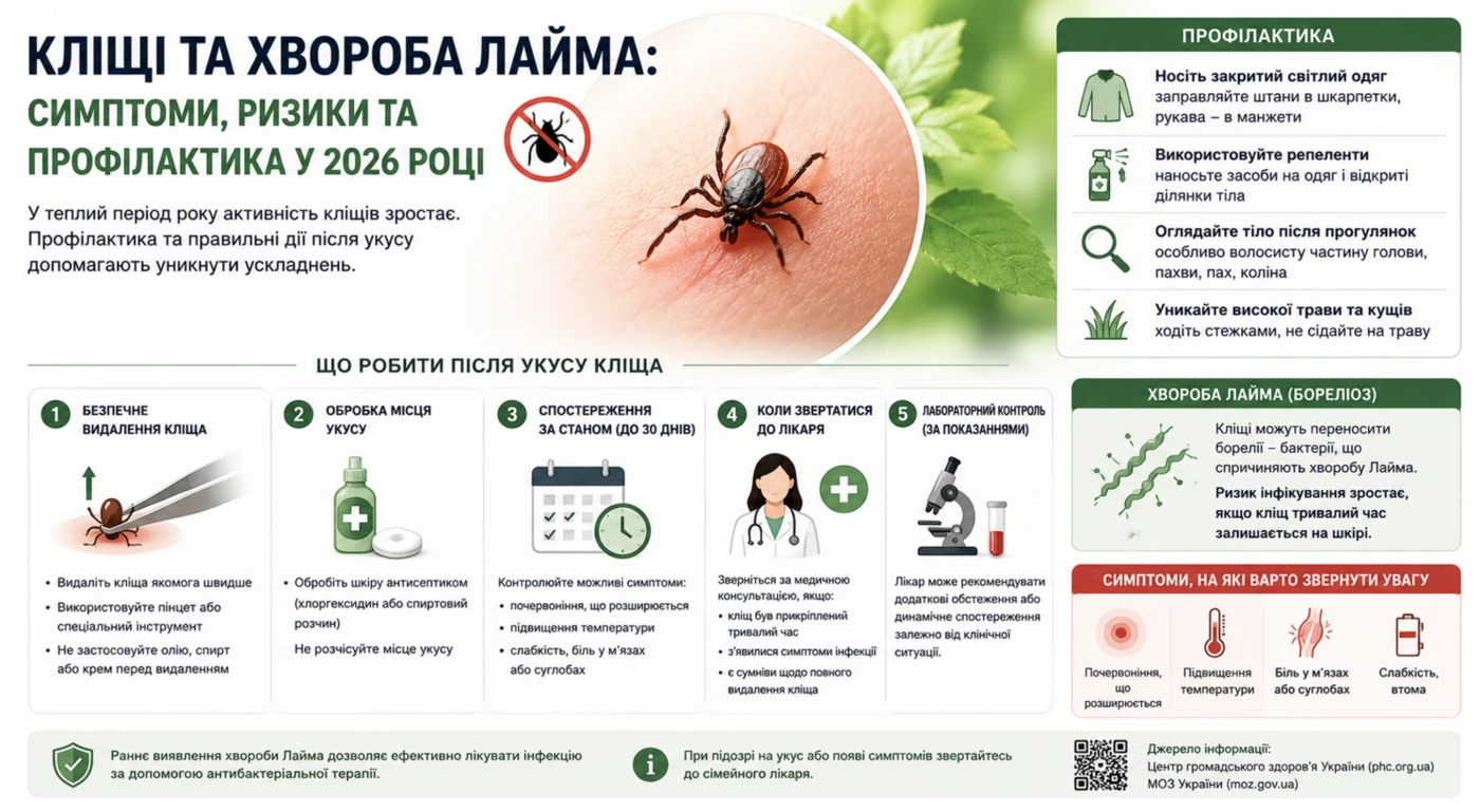 Кліщі та хвороба Лайма: симптоми, ризики та профілактика у 2026 році