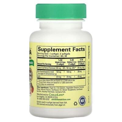 ДГК з водоростей з вітаміном А та лютеїном ChildLife Algae DHA with Vitamin A & Lutein, ягідний смак, 60 м'яких таблеток