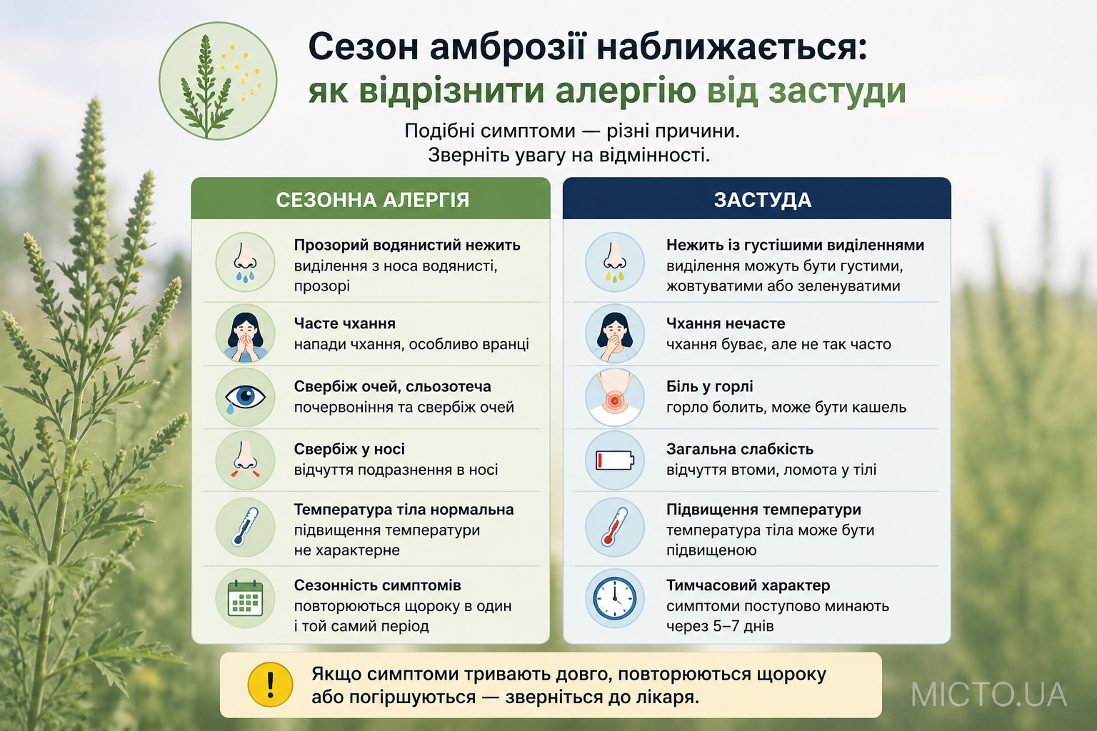 Сезон цвітіння амброзії наближається: як відрізнити алергію від застуди