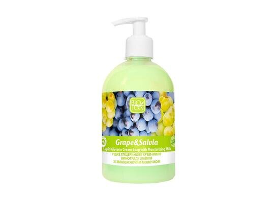 Крем-мило рідке Bioton Cosmetics Виноград і шавлія зі зволожуючим молочком, з дозатором, 500 мл