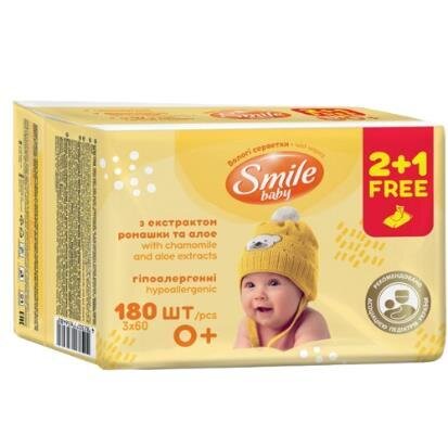 Серветки вологі Smile Baby 0+ дитячі з екстрактом ромашки та алое 2+1, 180 шт