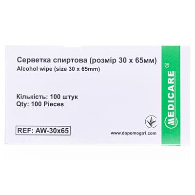 Серветки спиртові Medicare Alcohol wipe медичні 30 мм х 65 мм, 100 штук