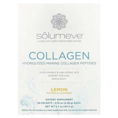 Морський колаген з гіалуроновою кислотою і вітаміном С Solumeve Hydrolyzed marine plus Vitamin C and Hyaluronic Acid лимон, 30 пакетиків