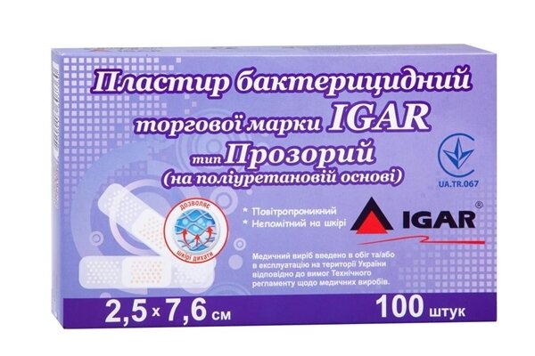 Пластир бактерицидний IGAR тип Прозорий на полімерній основі (поліуретан) 2,5 см х 7,6 см, 1 штука