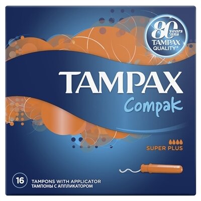 Тампони Tampax Compak Super Plus з аплікатором, 4 краплі, 16 штук