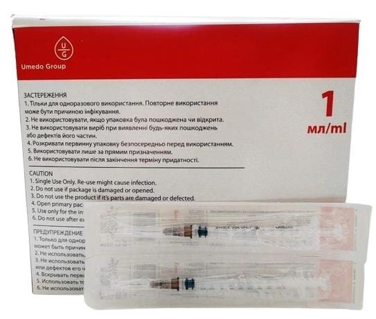 Шприц 1 мл Umedo Group 3-компонентний Луер Сліп з голкою 26G (0,45 х 13 мм), 1 штука