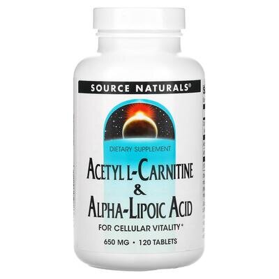 Ацетил карнітин + Альфа-ліпоєва кислота Source Naturals Acetyl L-Carnitine & Alpha-Lipoic Acid 650 мг, 120 таблеток
