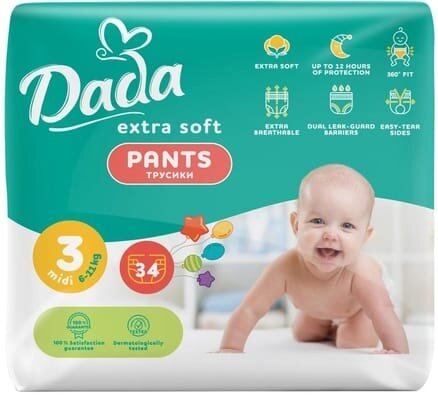 Підгузки-трусики Dada Extra Soft Midi дитячі, розмір 3, 6-11 кг, 34 шт