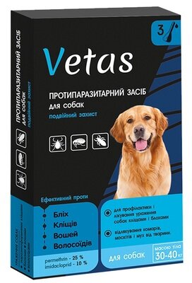 Краплі Vetas інсекто-акарицидні для собак 30-40 кг по 6 мл, 3 піпетки
