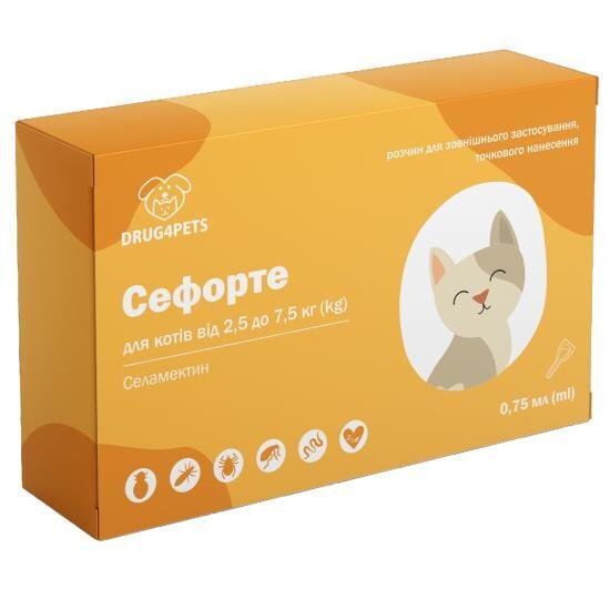 Сефорте DRUG4PETS краплі від бліх, кліщів та глистів для котів вагою 2,5 - 7,5 кг, 1 піпетка по 0,75 мл