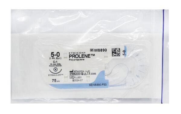 Шовний матеріал хірургічний Prolene W8890 р. USP 5/0 (1) нерозсмоктуючий довжина 75 см, голка колюча 13 мм, 3/8 кола