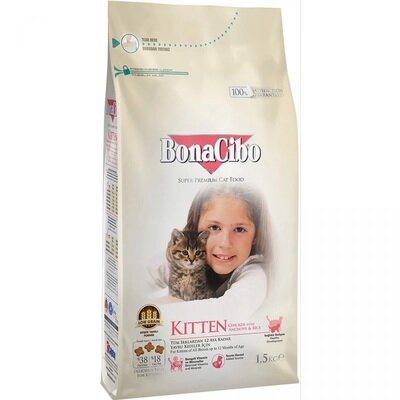 Корм сухий для кошенят BonaCibo Kitten з м'ясом курки, анчоусами і рисом, 1,5 кг