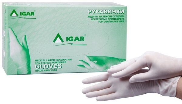 Рукавички оглядові IGAR латексні з пудрою нестерильні, розмір XS, пара