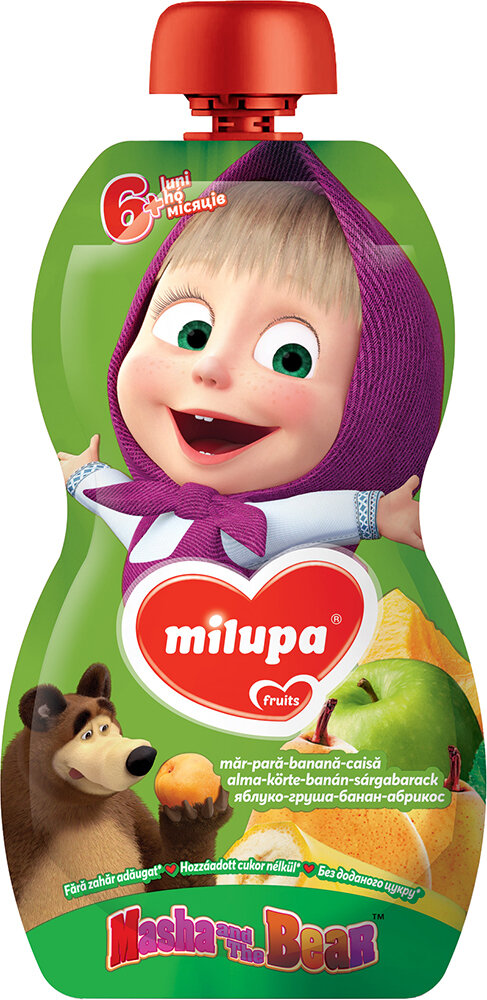 Пюре фруктове Milupa Маша і Ведмідь Яблуко, Манго, Апельсин для дітей з 6 місяців, 100 г
