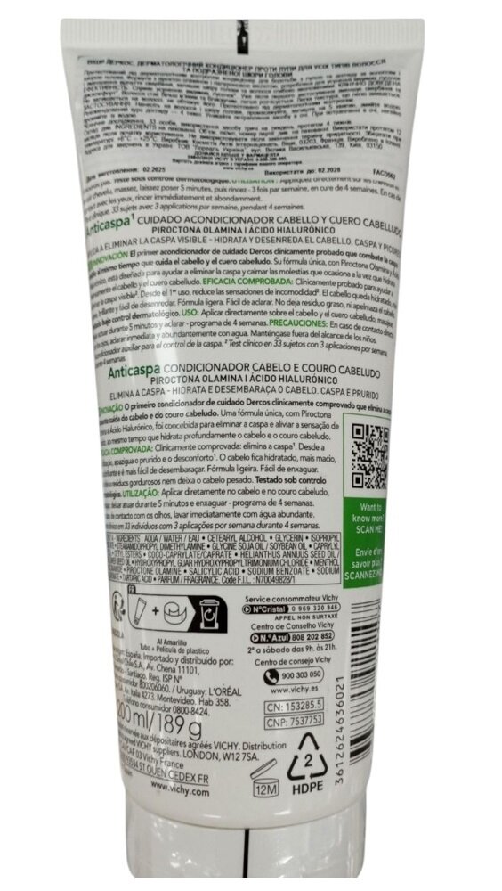 Кондиціонер Vichy Dercos Anti-dandruff дерматологічний проти лупи для усіх типів волосся та подразненої шкіри голови, 200 мл