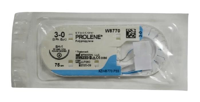 Шовний матеріал хірургічний Prolene W8770 р. USP 3/0 (2) нерозсмоктуючий довжина 75 см, голка колюча 22 мм, 1/2 кола