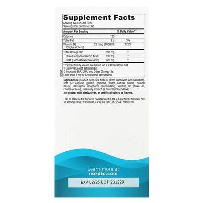 Омега-3D Nordic Naturals Omega-3D 690 мг/1000 МЕ, 120 капсул