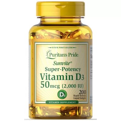 Вітамін Д3 Puritan's Pride Vitamin D3 2000 IU (50 мкг), 200 гелевих капсул