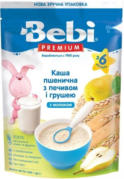 Каша молочна Bebi Premium Пшенична з печивом і грушею, з 6 місяців, 200 г