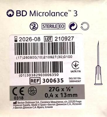 Голка ін'єкційна BD Microlance 3 з втулкою-павільйоном 27G (0,4 x 13 мм), 1 штука