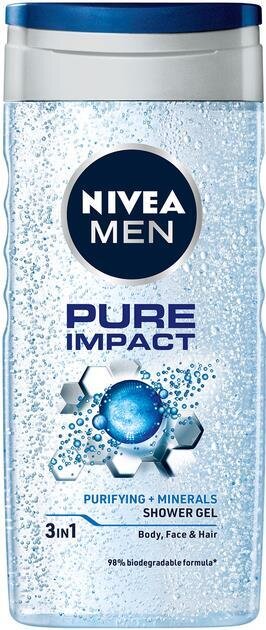 Гель для душу чоловічий Nivea Men 3-в-1 Pure Impact для тіла, обличчя та волосся, 250 мл