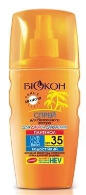 Спрей Біокон Пантенол, SPF 35, для безпечної засмаги, для дітей і дорослих, 160 мл