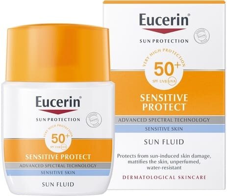 Флюїд сонцезахисний для обличчя Eucerin Sun SPF50+ Sensitive Protect для чутливої комбінованої та жирної шкіри (63840), 50 мл