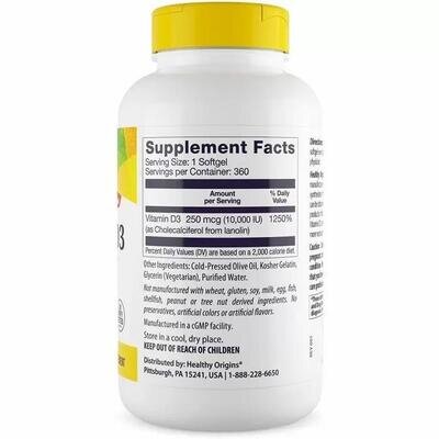 Вітамін Д3 Healthy Origins Vitamin D3 10 000 МО, 360 капсул