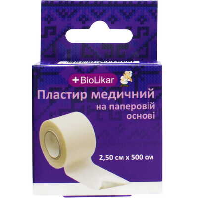 Пластир медичний Biolikar на паперовій основі 2,5 см х 500 см, 1 штука