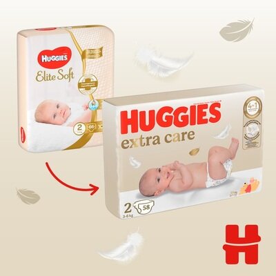 Підгузки Huggies Extra Care дитячі, розмір 2, 3-6 кг, 58 шт