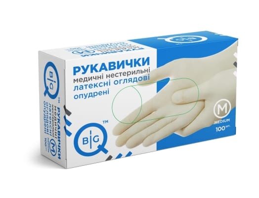 Рукавички оглядові BigQ латексні припудрені, нестерильні, розмір M, 100 штук