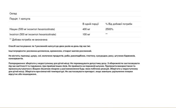 Ніацин Solgar No-Flush Niacin 500 мг вег. капсули №250