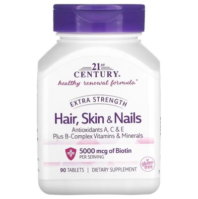 Вітаміни для волосся, шкіри та нігтів 21st Century Health Care Hair, Skin & Nails, 90 таблеток