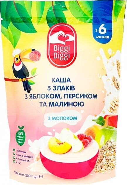 Каша молочна Biggi Diggi швидкорозчинна 5 злаків з яблуком, персиком та малиною для дітей з 6 місяців, 200 г