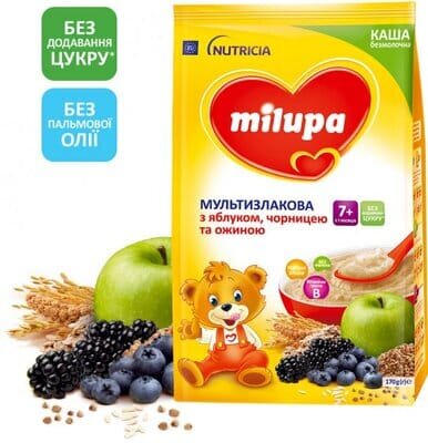 Каша безмолочна Milupa мультизлакова з яблуком, чорницею і ожиною з 7 місяців, 170 г