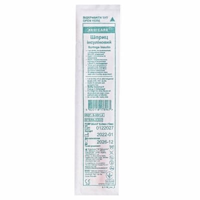 Шприц інсуліновий 1 мл U-100 Medicare Syringe Insulin 3-компонентний з голкою 29G (0,33 х 13 мм), 1 штука
