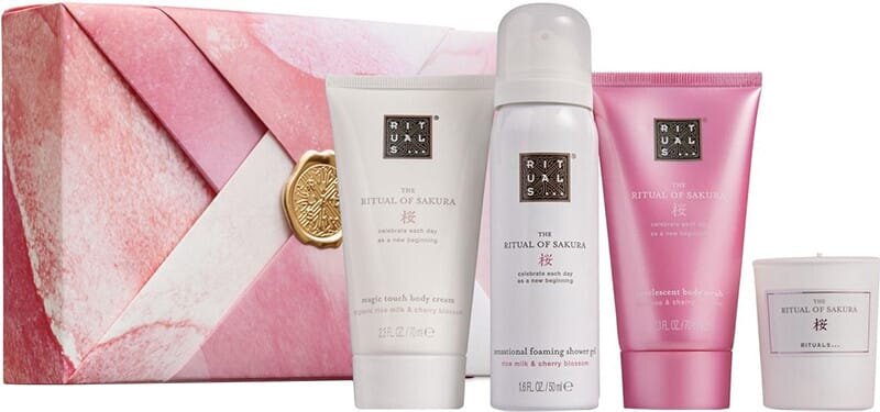 Подарунковий набір Rituals The Ritual Of Sakura Gift Set S (Гель для душу 50 мл + Крем для тіла 70 мл + Скраб для тіла 50 мл + Ароматична свічка 25 г)