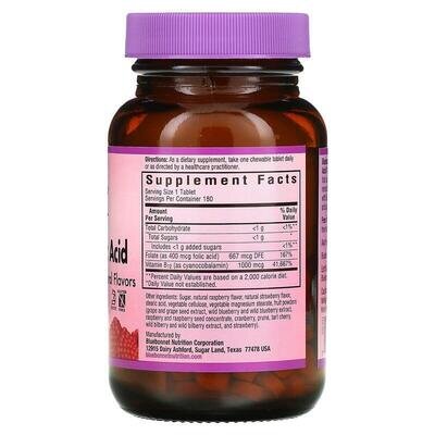 Вітамін В12 та Фолієва кислота Bluebonnet Nutrition Earth Sweet Chewables, смак малини, жувальні таблетки №180
