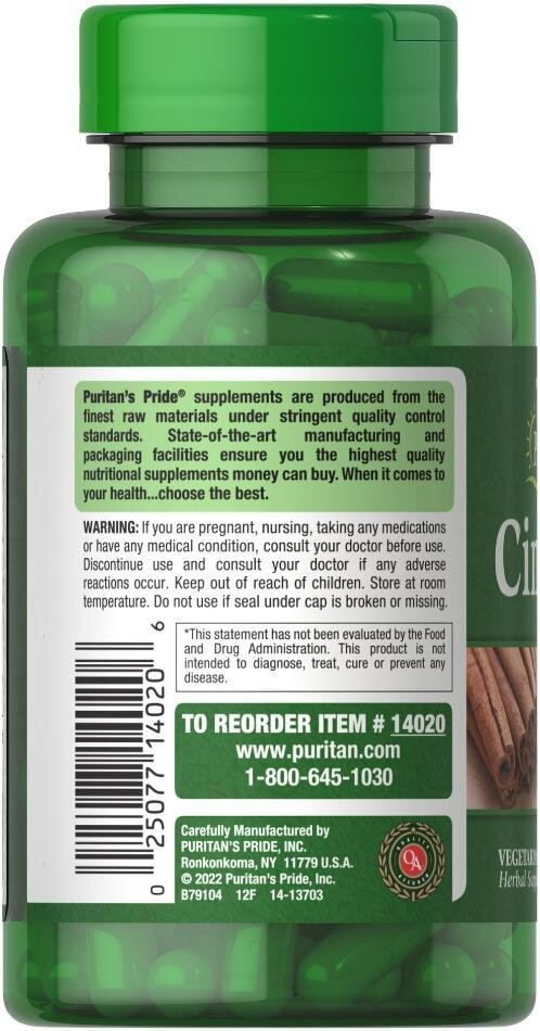 Кориця Puritan's Pride Cinnamon 500 мг, 100 капсул