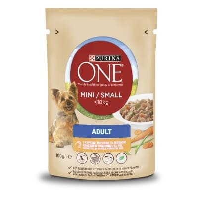Корм вологий для собак Purina One Mini Adult з куркою, морквою і зеленою квасолею в підливі, 100 г