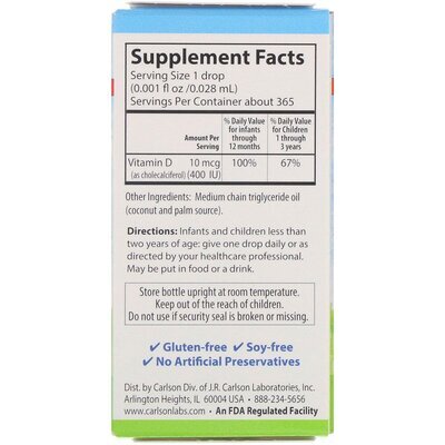 Вітамін D3 для дітей Carlson Labs Baby's Super Daily Vitamin D3 400 МО, 10.3 мл