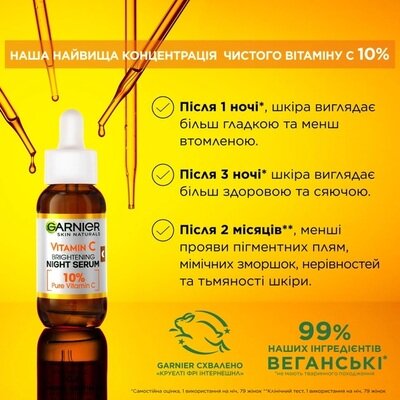 Сироватка для обличчя Garnier Skin Naturals нічна з вітаміном С для зменшення видимості пігментних плям, зморшок та вирівнювання тону шкіри, 30 мл