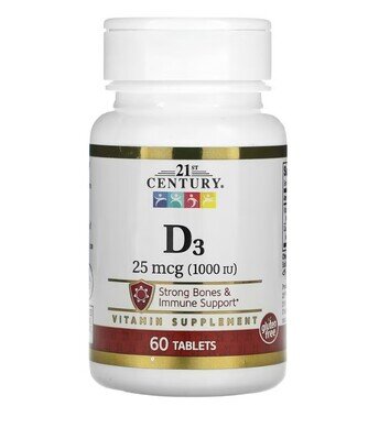 Вітамін Д3 21st Century Vitamin D3 25 мкг (1000 МО), 60 таблеток